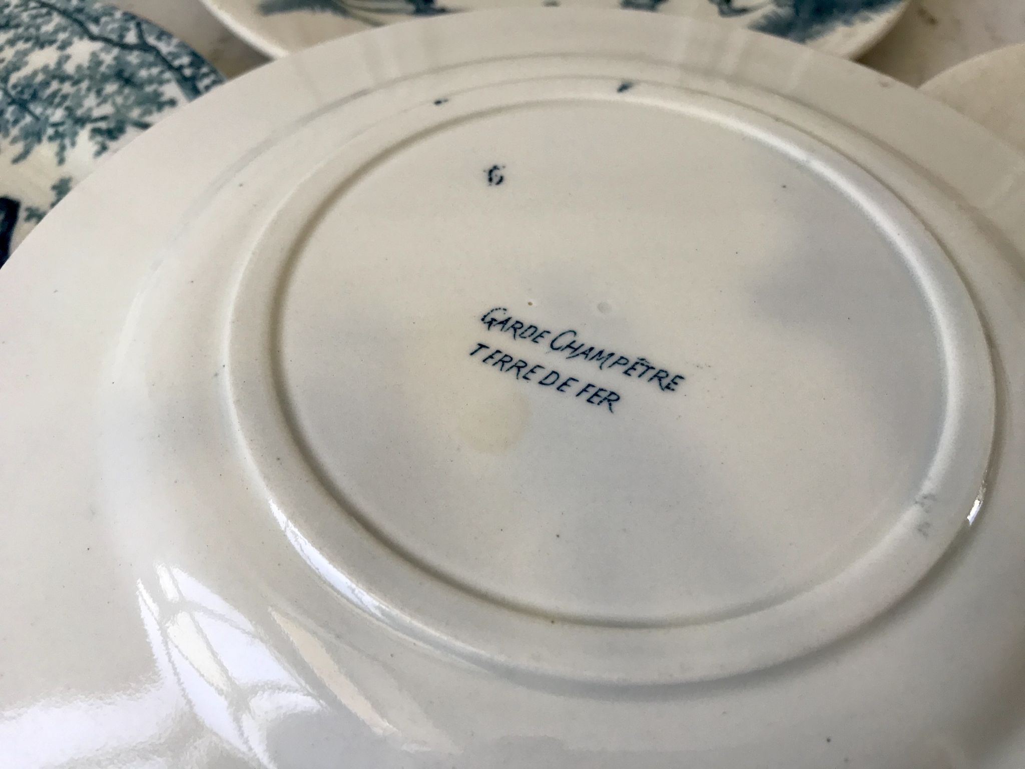 Lot de 5 assiettes plates Terre de Fer modèle "Garde-Champêtre" fin XIXème