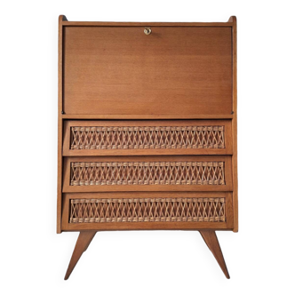 Commode vintage en rotin, secrétaire, meuble bar
