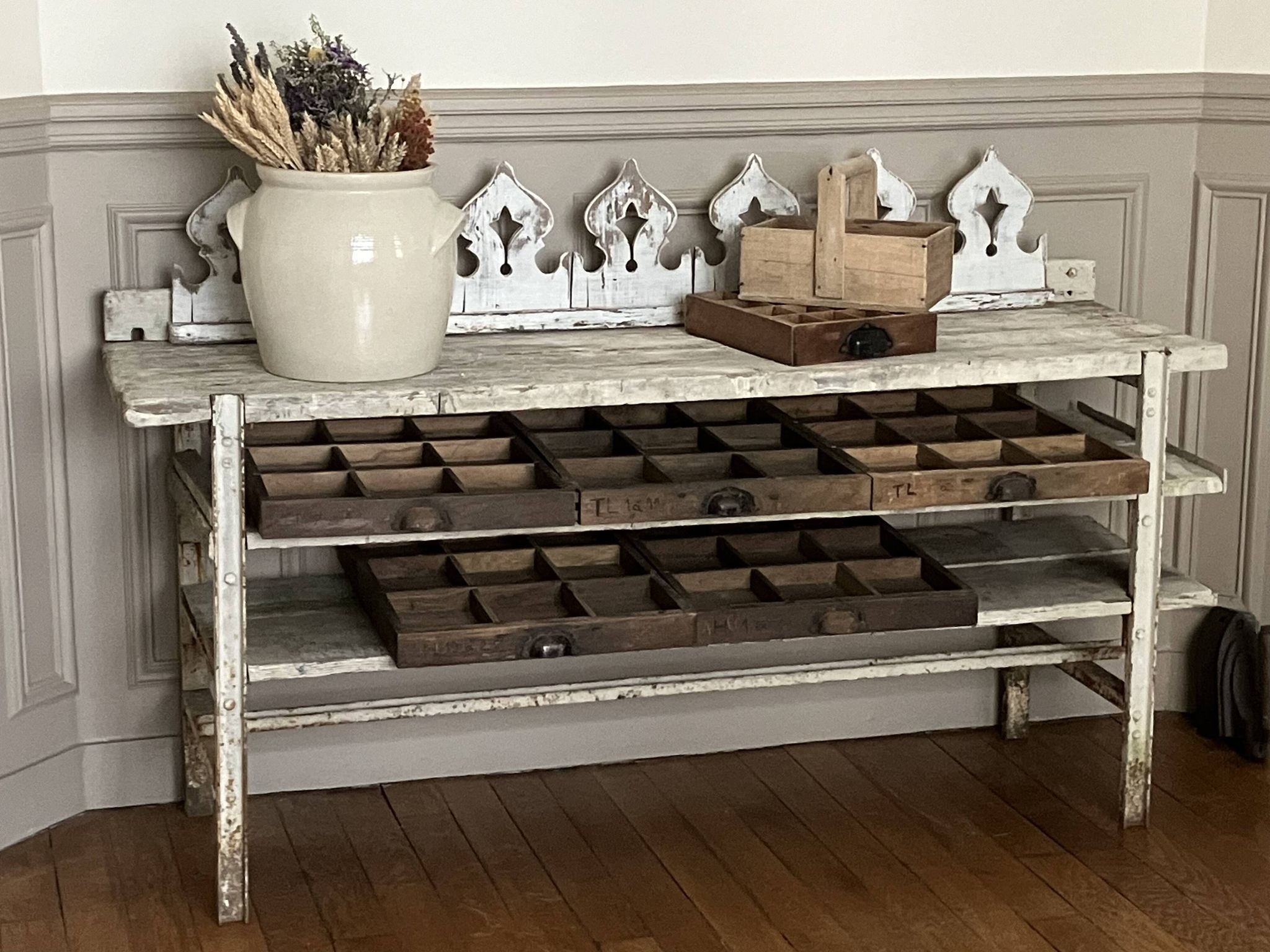 Old workbench, a piece of wooden and metal furniture.