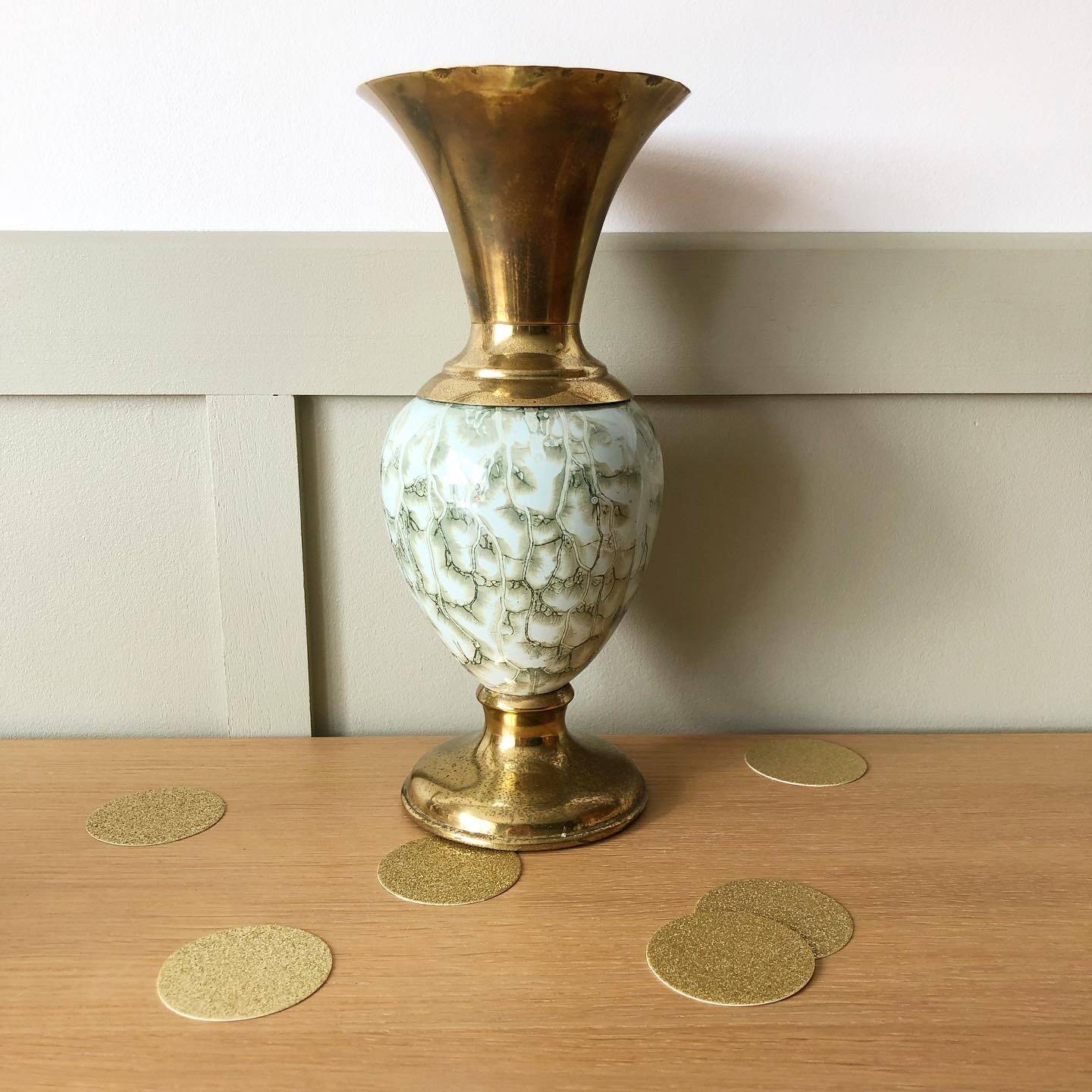 Vintage gold metal and ceramic vase