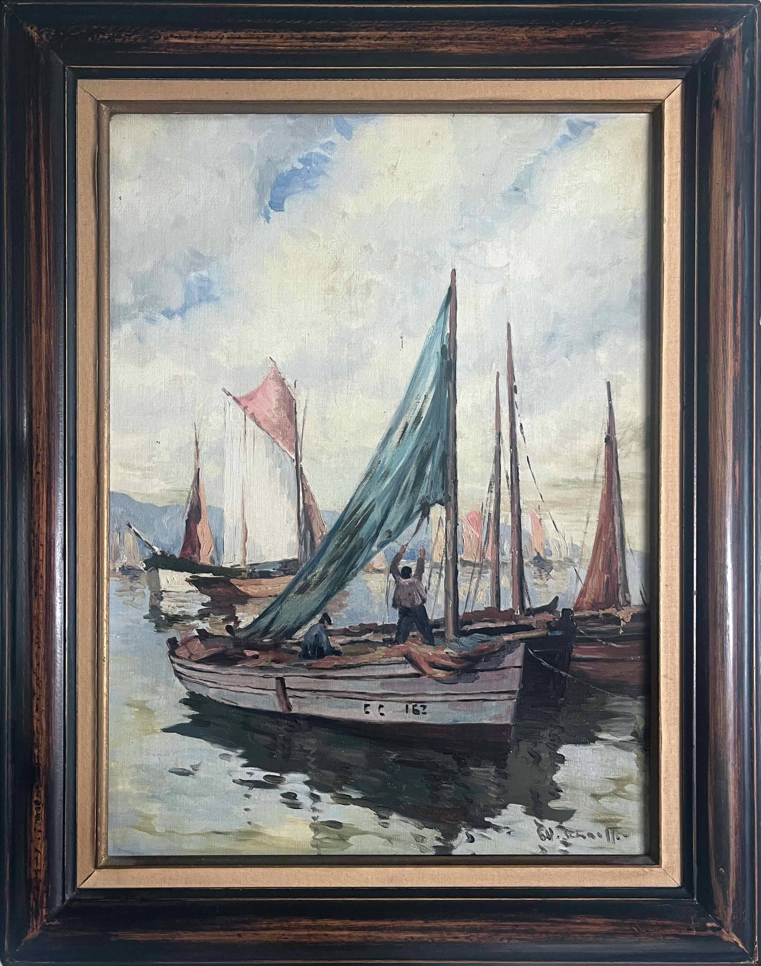 Painting by Henri Schaeffer (1900-1975) "Fishing boat" + frame