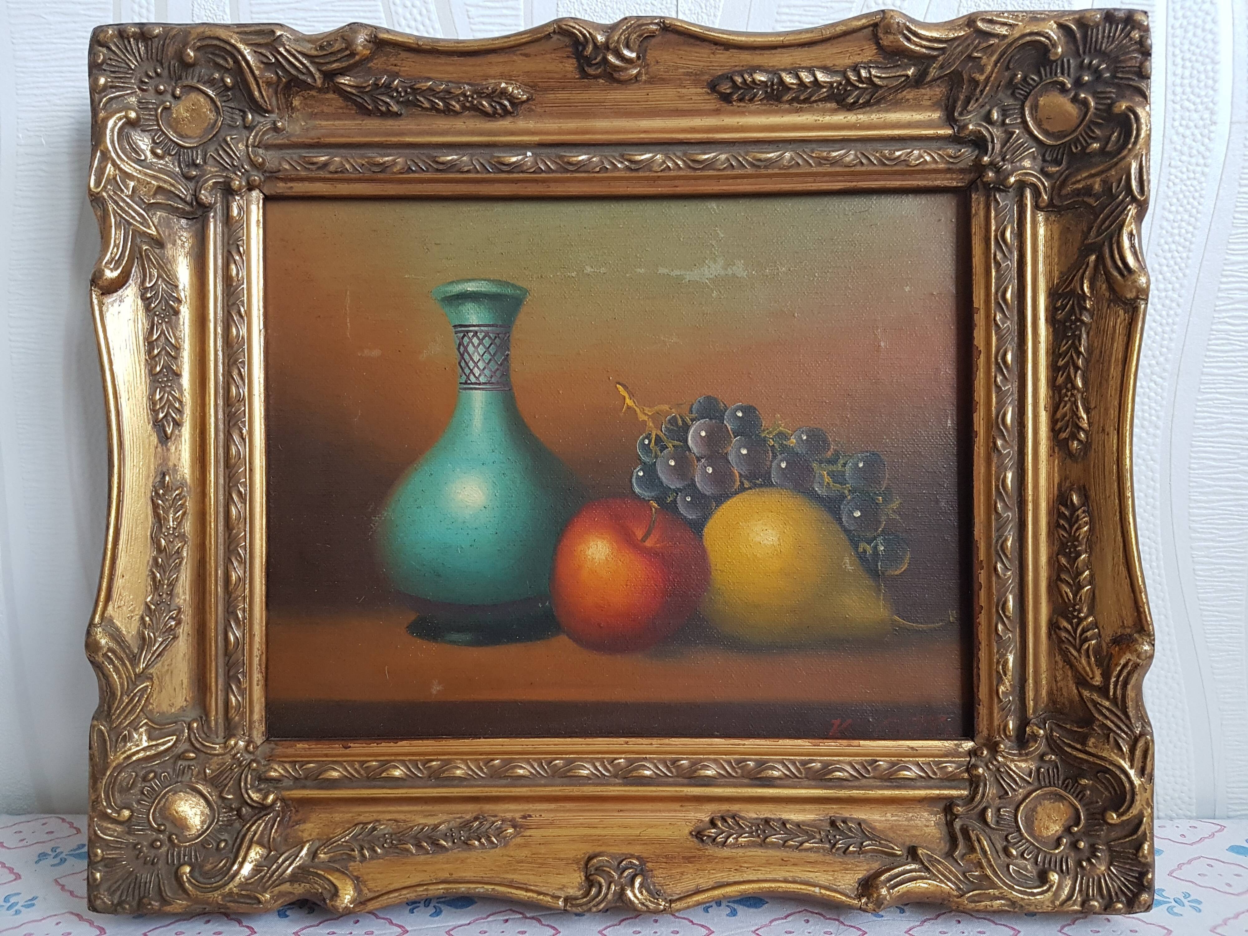 Ancient painting on canvas - still life very beautiful gilded framing
