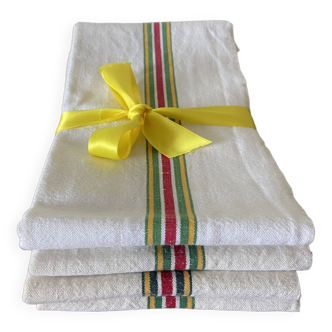 Set of 4 vintage tea towels in mixed cotton, yellow-green-red lintels