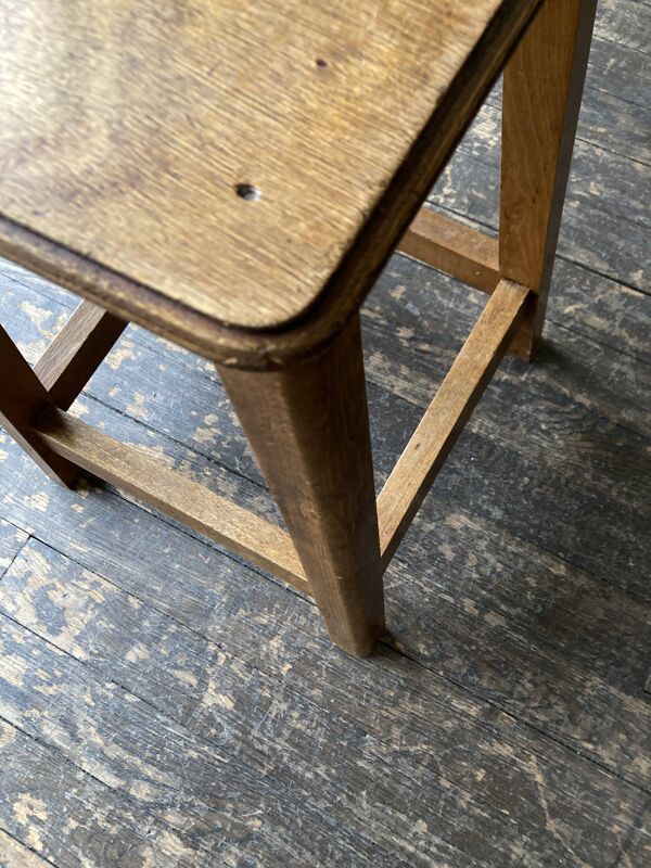 Tabouret pensionnat en chêne et plywood 1950