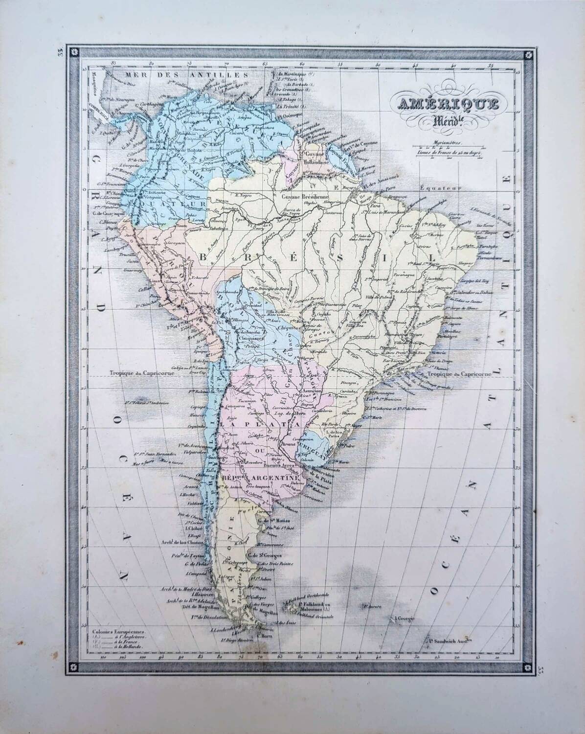 South America, antique map, printed in 1852. Authentic.
