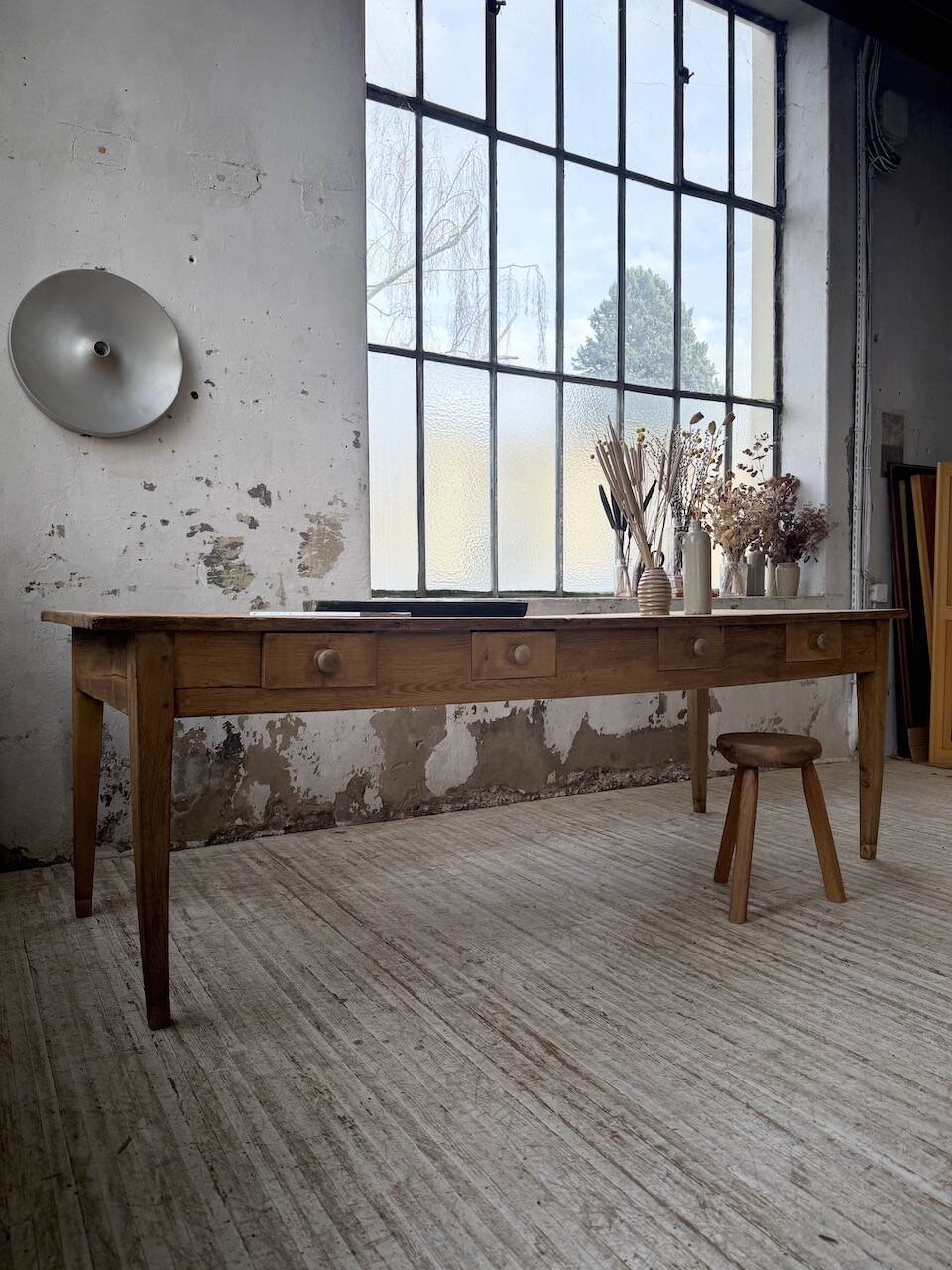 Pine and oak farmhouse table with multiple drawers, communal type, 240cm.