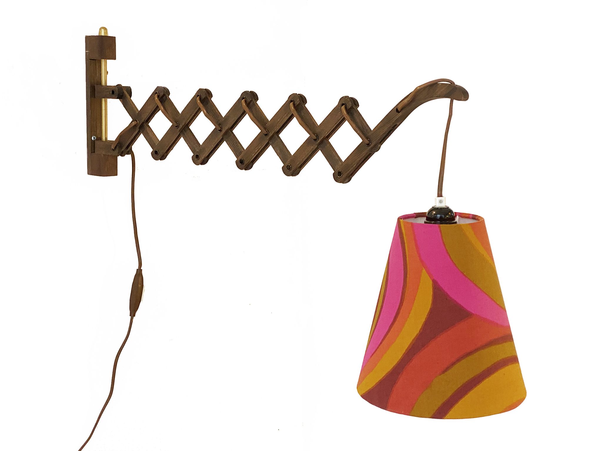 Wall lamp/scissor lamp with new shade from repurposed 1960s printed fabric by Metsovaara . Sweden 19