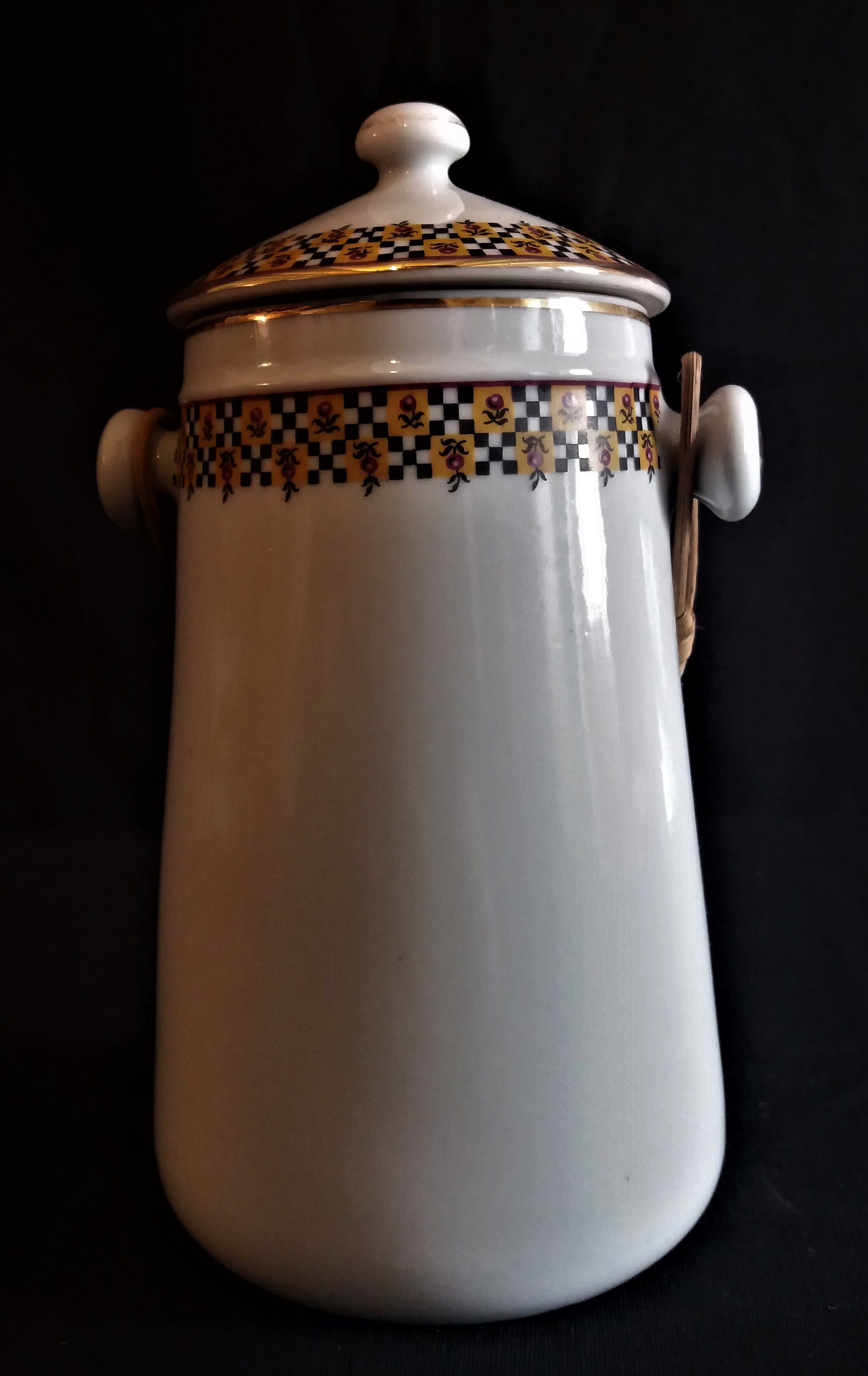 Vintage porcelain milk pot rattan handle