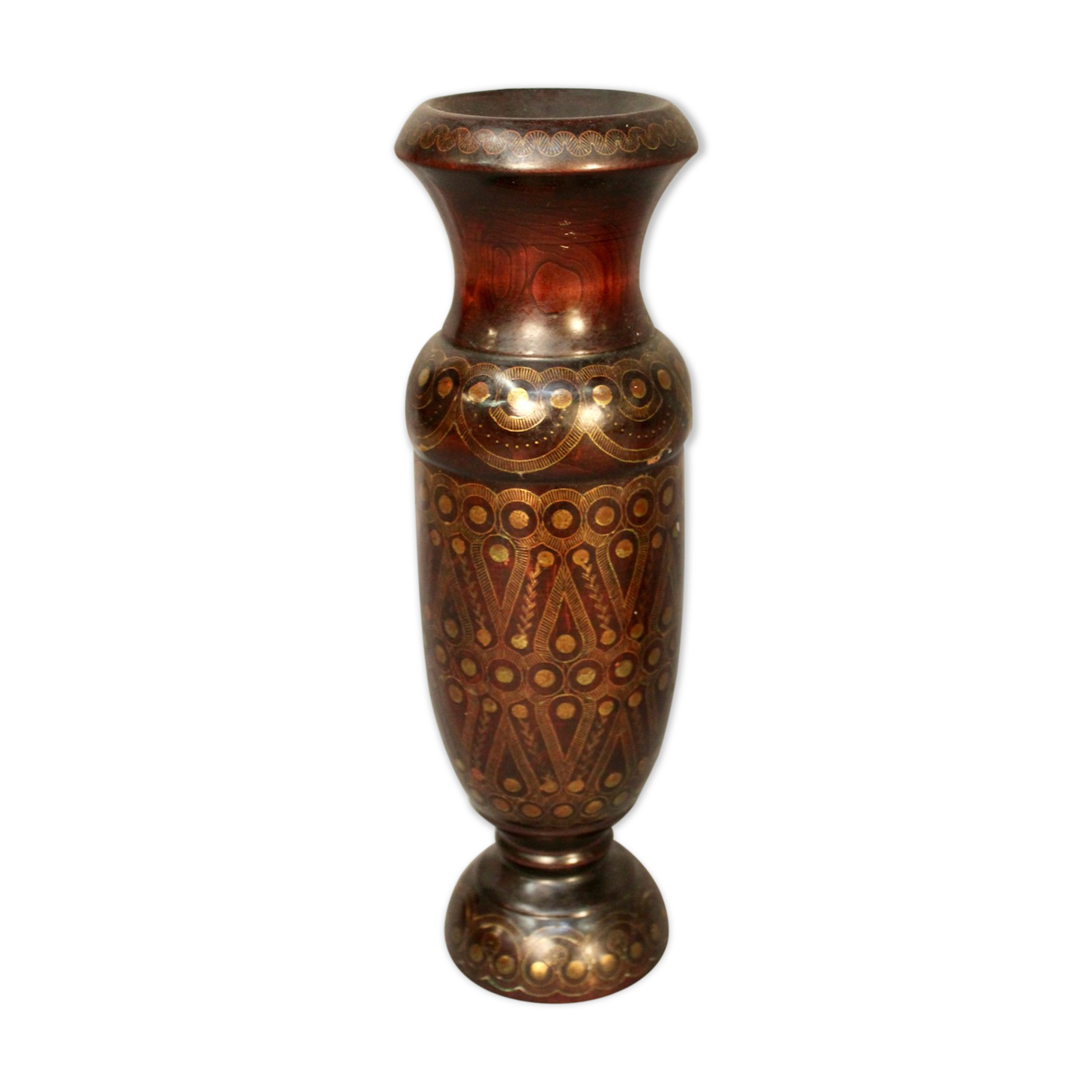 Wooden vase turned inlay oriental brass