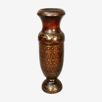 Vase en bois tourné incrustation laiton oriental