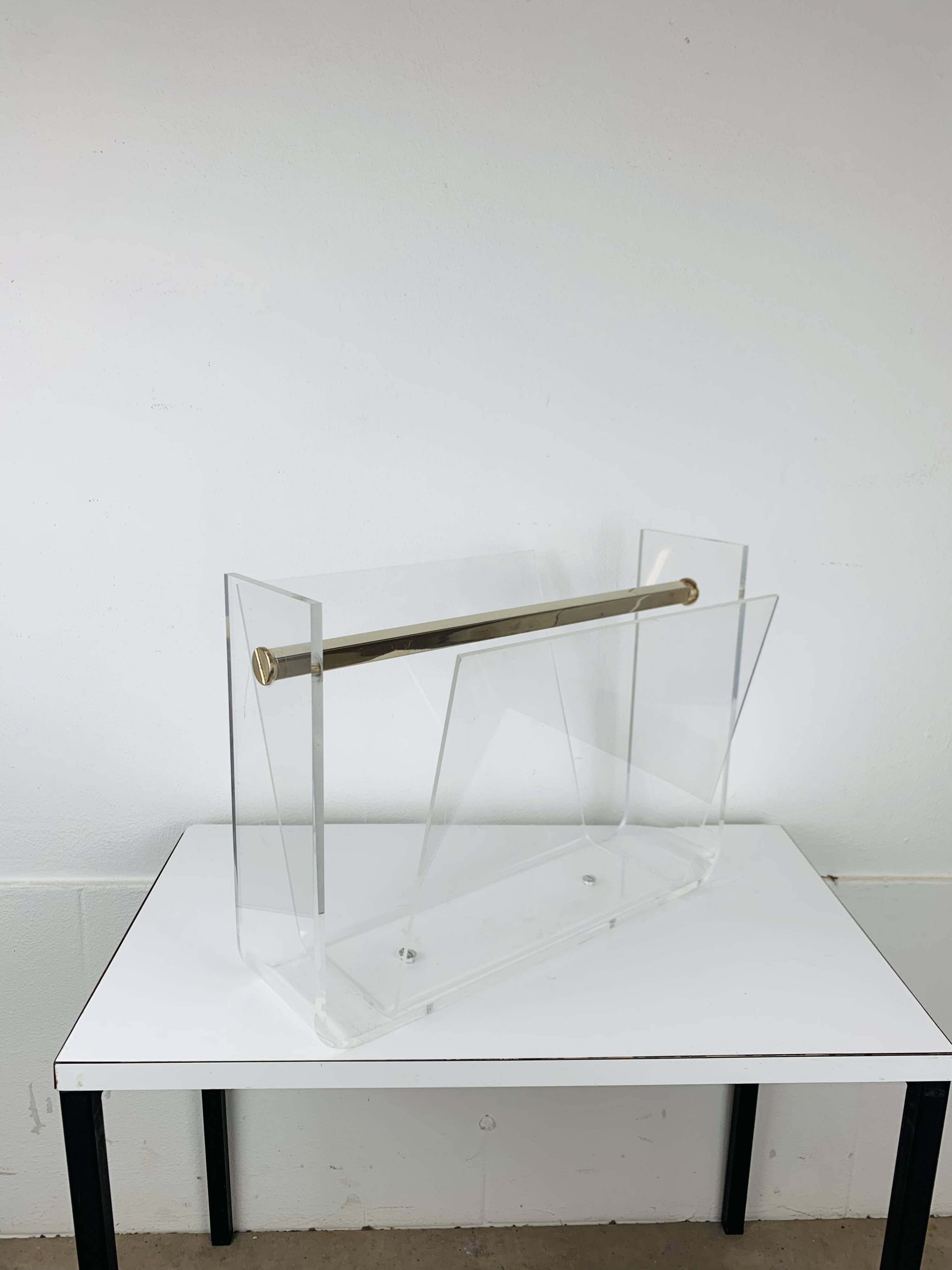 Plexiglas and brass magazine rack, David Lange, 1970s