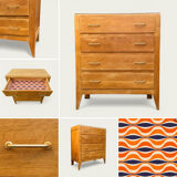 Vintage chest of drawers with tapered legs, solid raw oak, 1960.