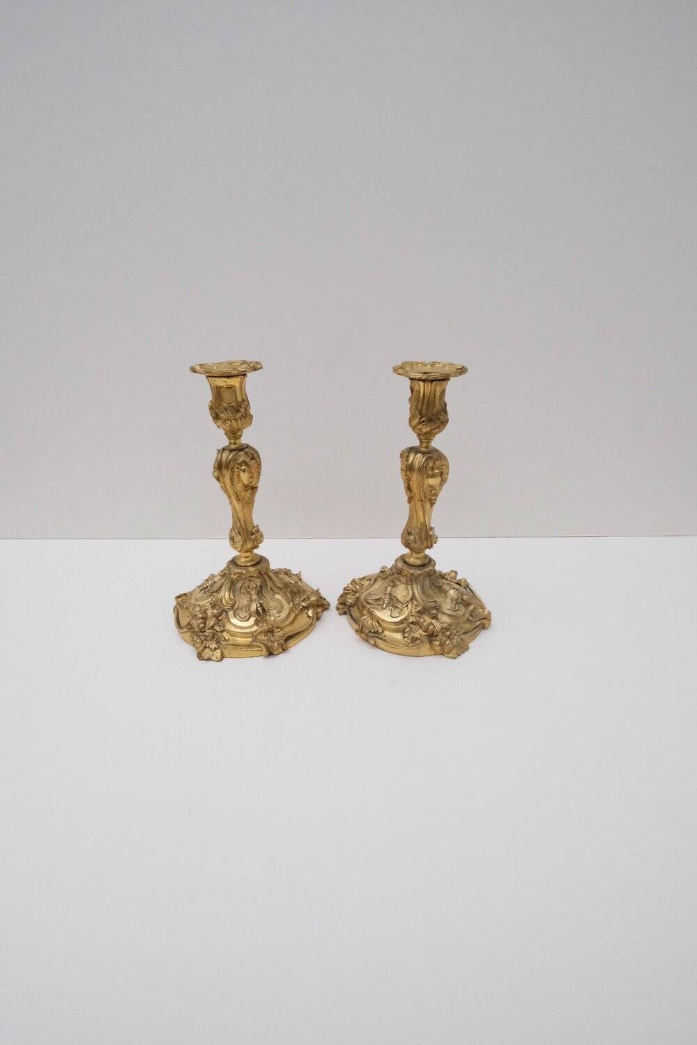 Pair of louis xv style rocaille candlesticks, slodtz model, 19th century
