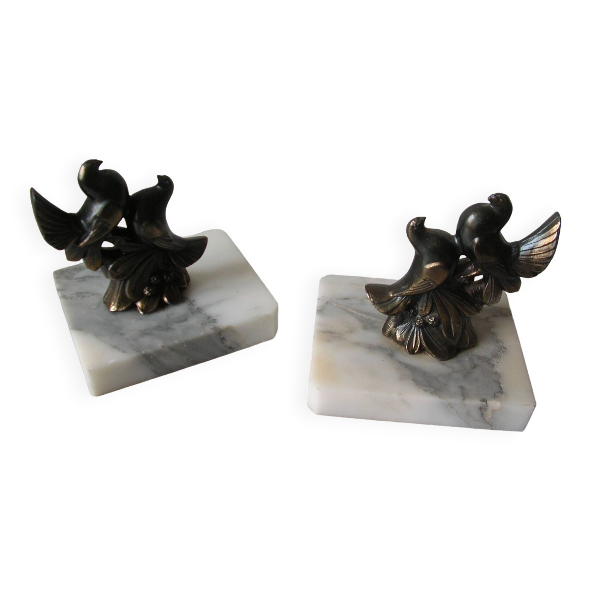 Old pair of bookends paperweight couple of birds marble spelter retro office decor