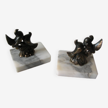 Old pair of bookends paperweight couple birds regulates marble decoration retro office