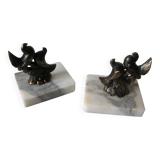 Old pair of bookends paperweight couple of birds marble spelter retro office decor