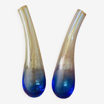 Duo de soliflore en verre bleu années 70