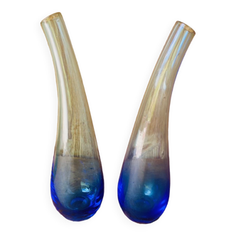 Duo de soliflore en verre bleu années 70