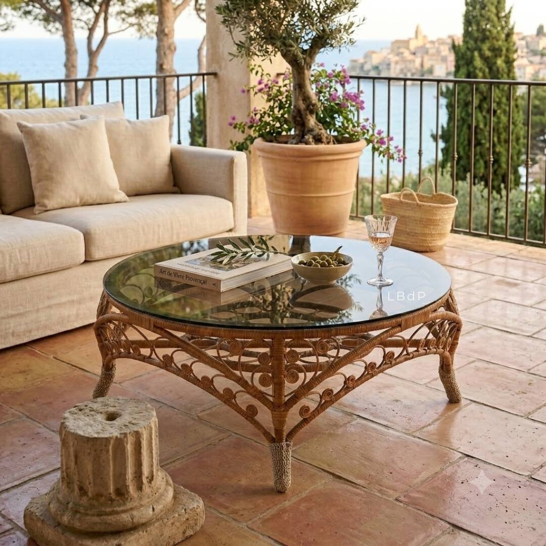Large Peacock-French Riviera coffee table in rattan, bamboo, glass, vintage.