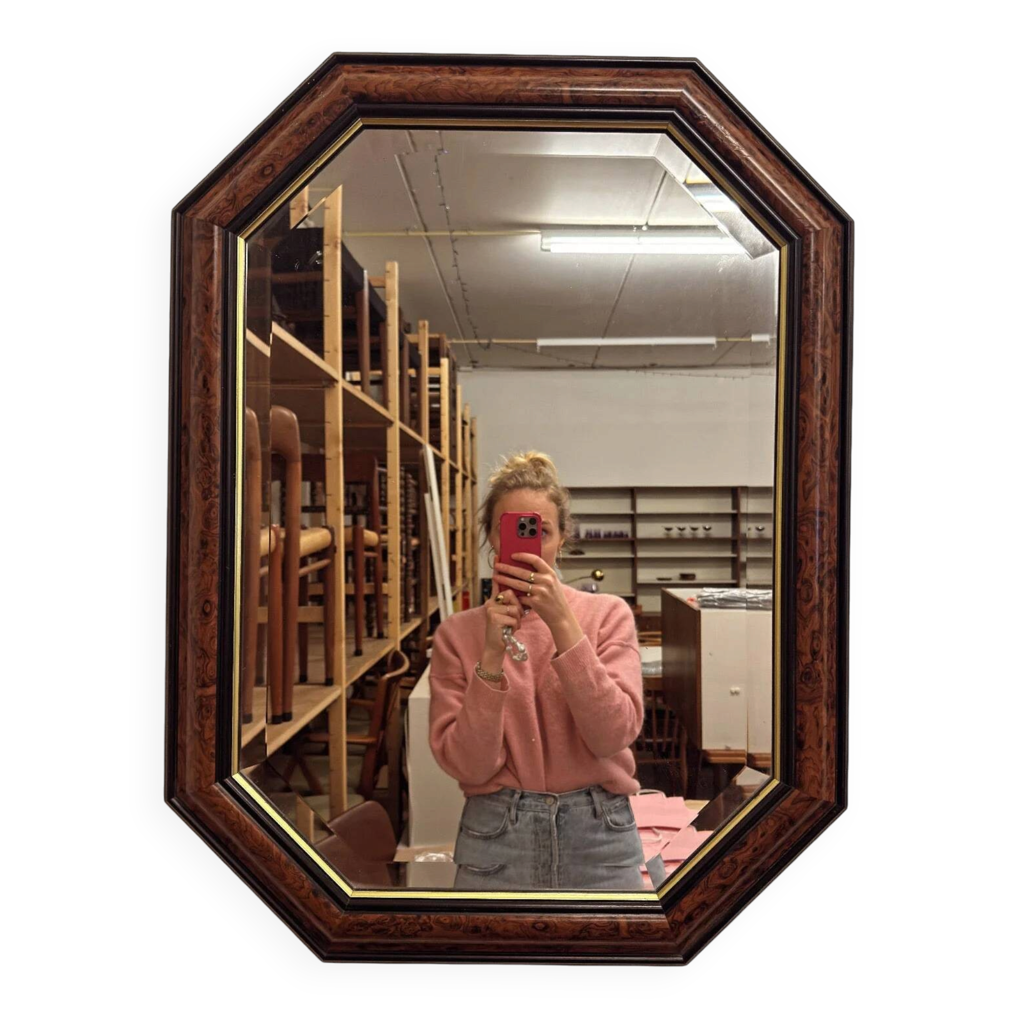 Miroir vintage hexagonal avec cadre en ronce de bois