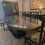 Set of table and chairs in bamboo and brass marquetry, circa 1970
