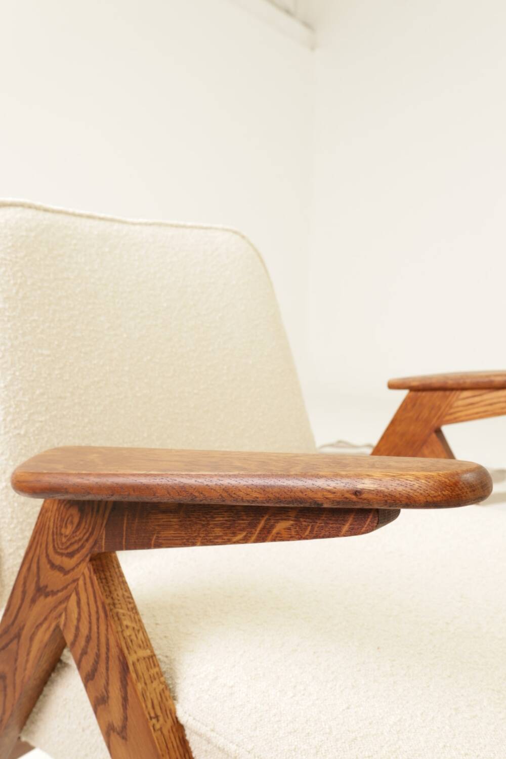 Scandinavian beige boucle armchair modern design rustic oak