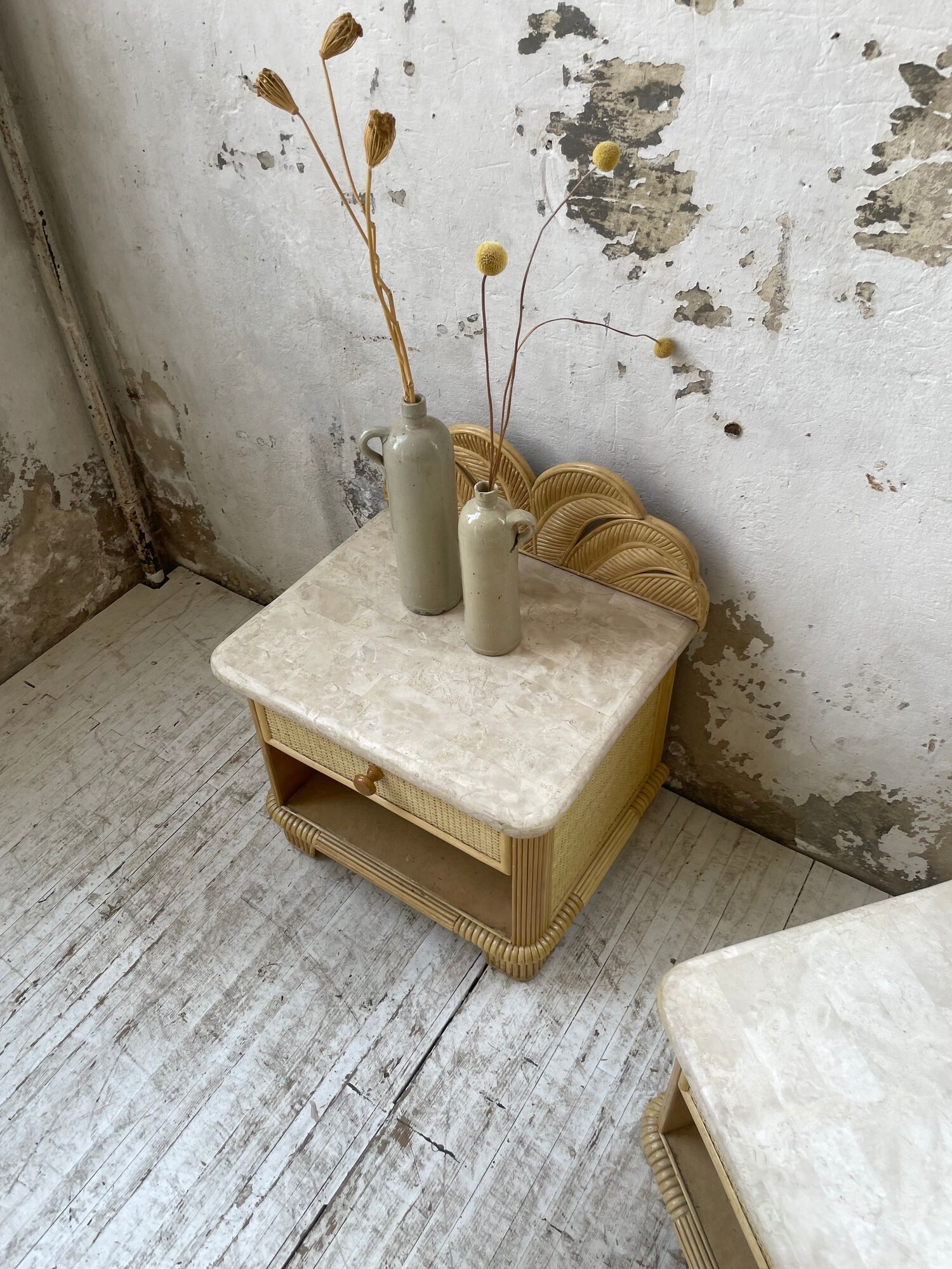 Pair of travertine bedside and rattan palm tree "vivai del sud"