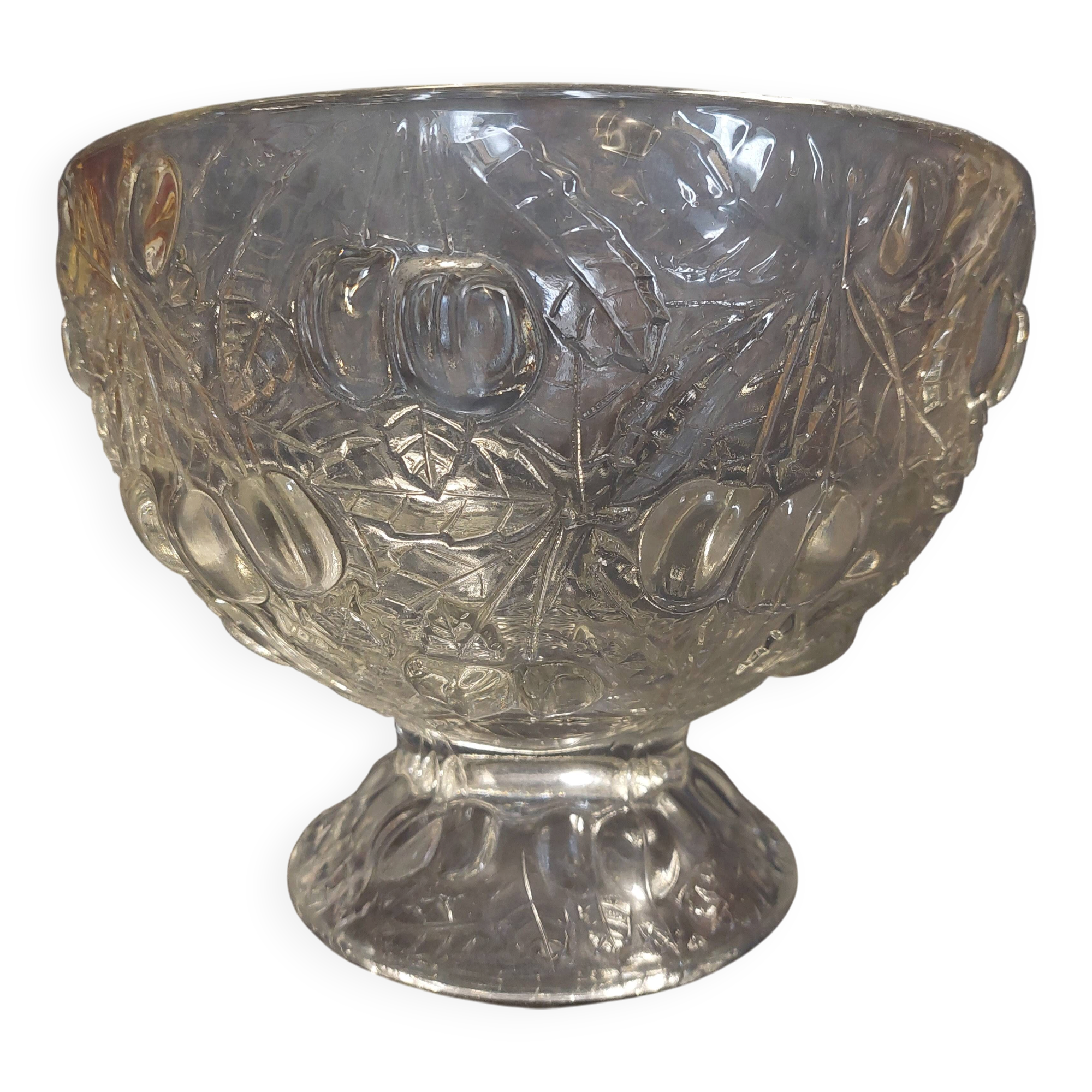 Grande coupe à fruits en verre moulé vintage