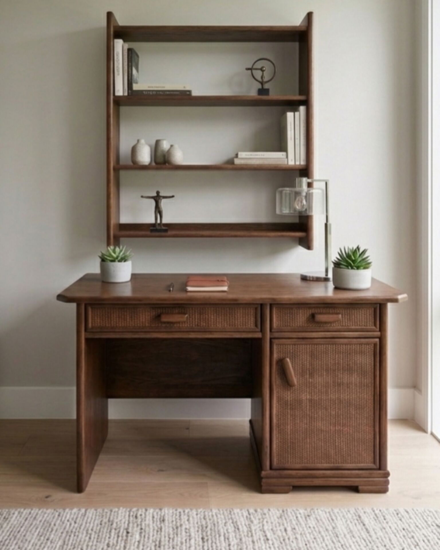 Vintage Wooden Desk and Wall Shelf Set with Rattan – Juncosa