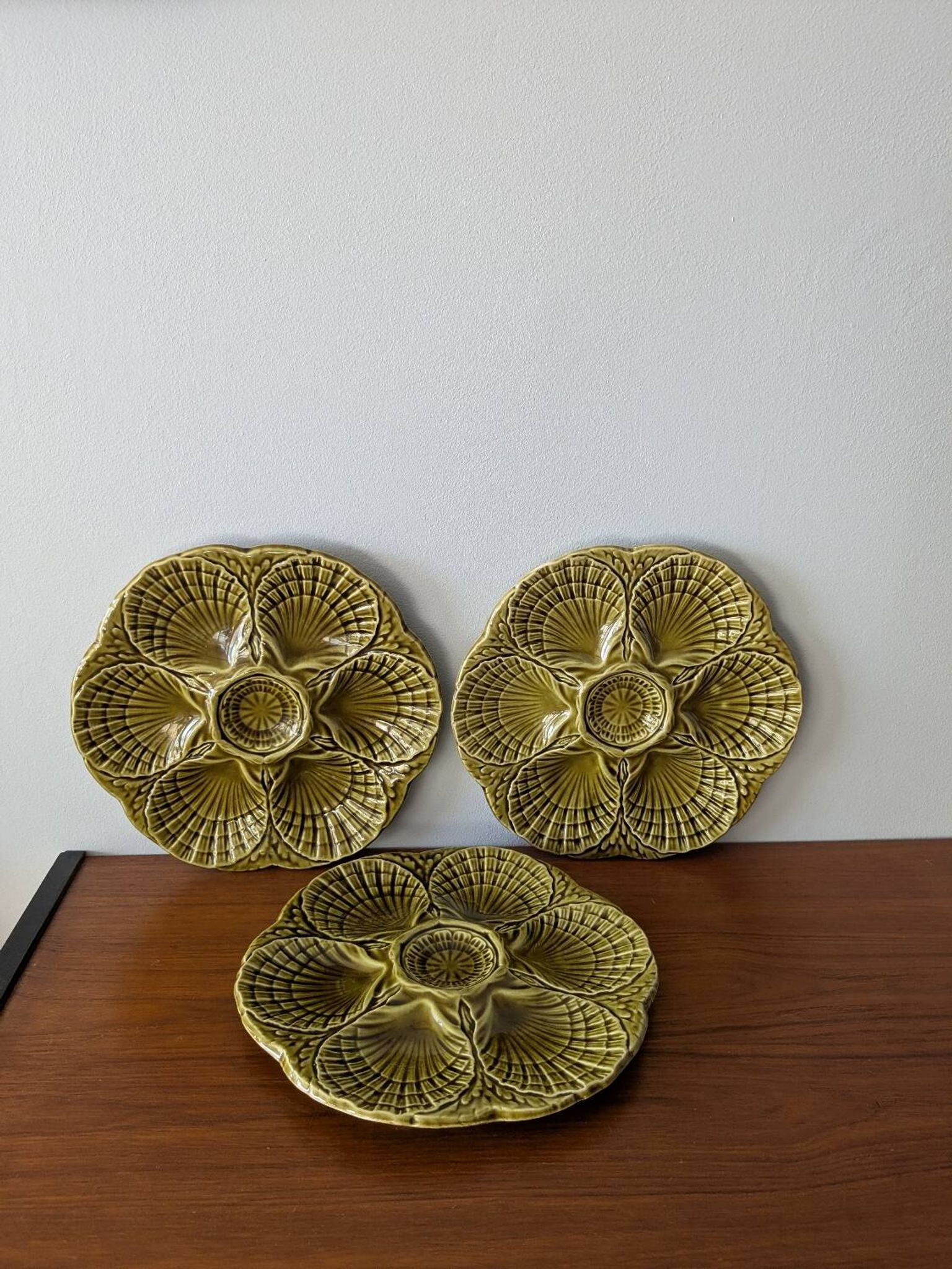 Set of 3 vintage green Sarreguemines majolica oyster plates.