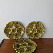 Set of 3 vintage green Sarreguemines majolica oyster plates.