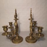 Pair of piano candlesticks in golden bronze 19th century