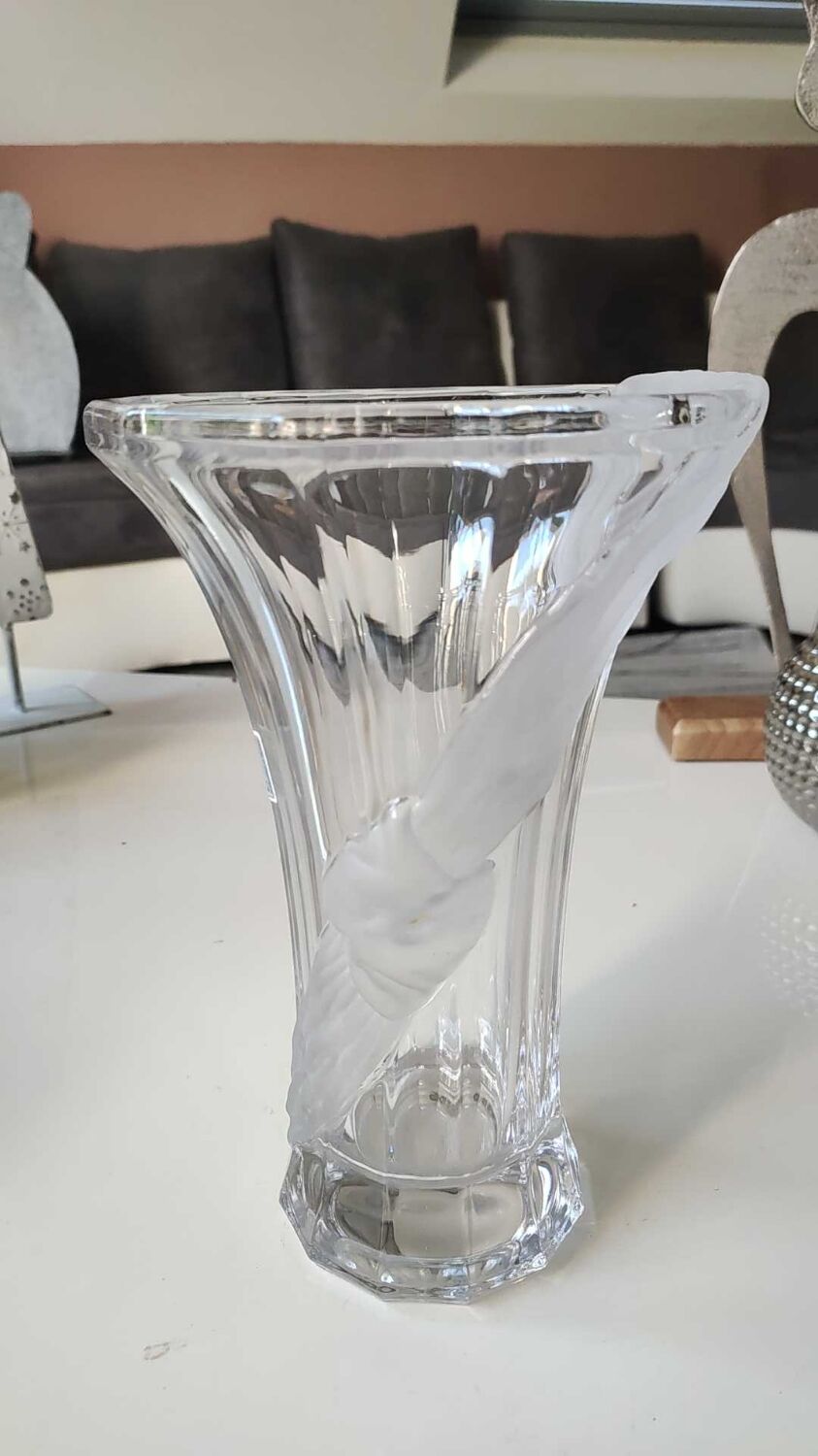 Vintage Multifaceted Crystal Vase, Frosted Draped Bow, col. Opaque white, Evita Crystal, Germany