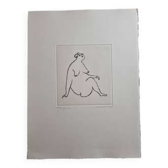 Contemplative figure in aquatint on lana paper by claude l'hoste, 28 x 38 cm