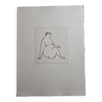 Figure contemplative en aquatinte sur papier lana par claude l'hoste, 28 x 38 cm