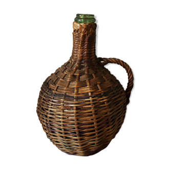 Bottle round glass green Wicker color braided with handle