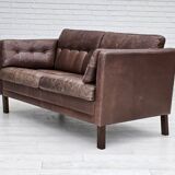 Années 1970, canapé classique danois 2 places, cuir marron d'origine.