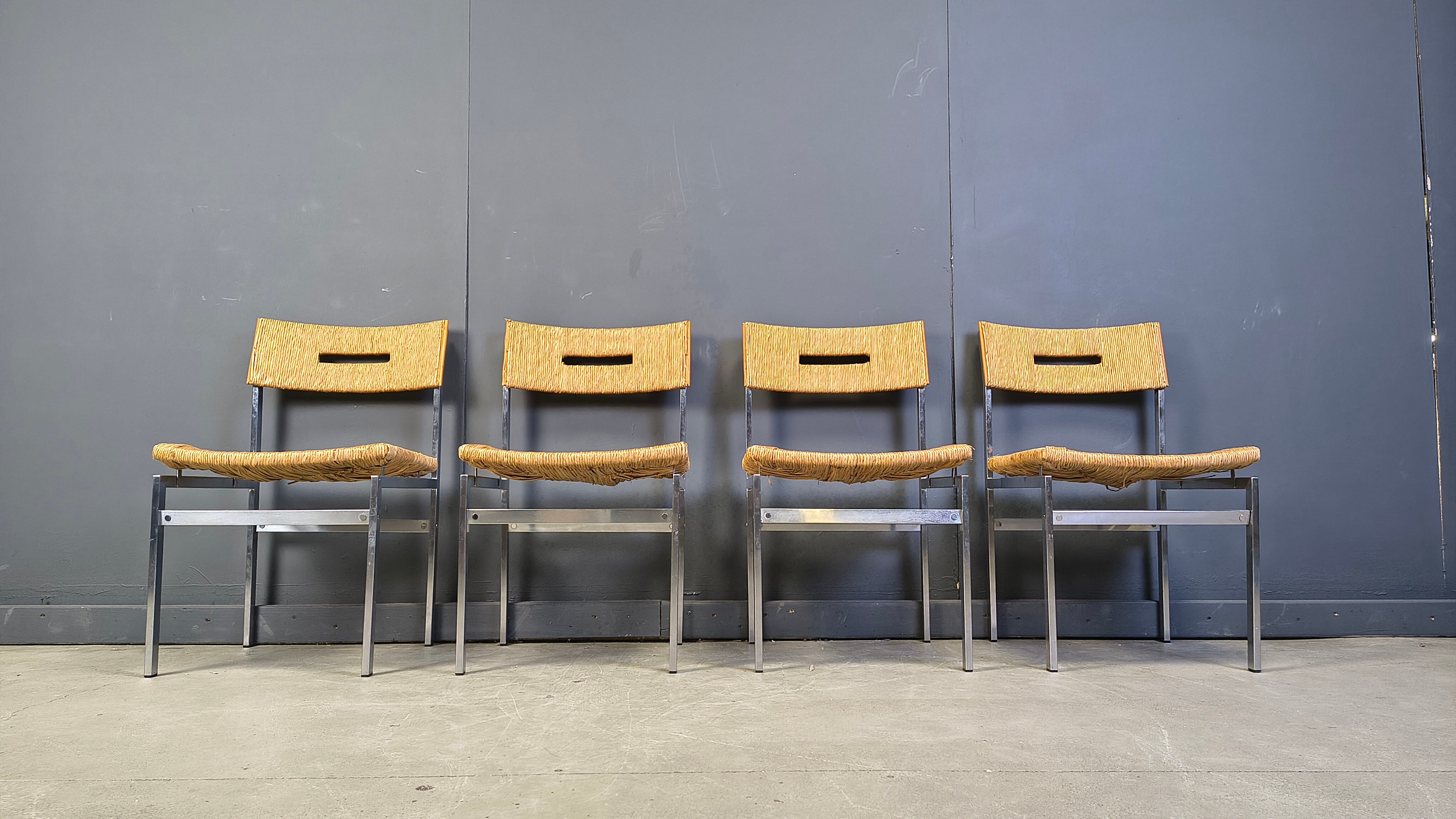 Belgian wicker and chrome dining chairs, 1970s - set of 4