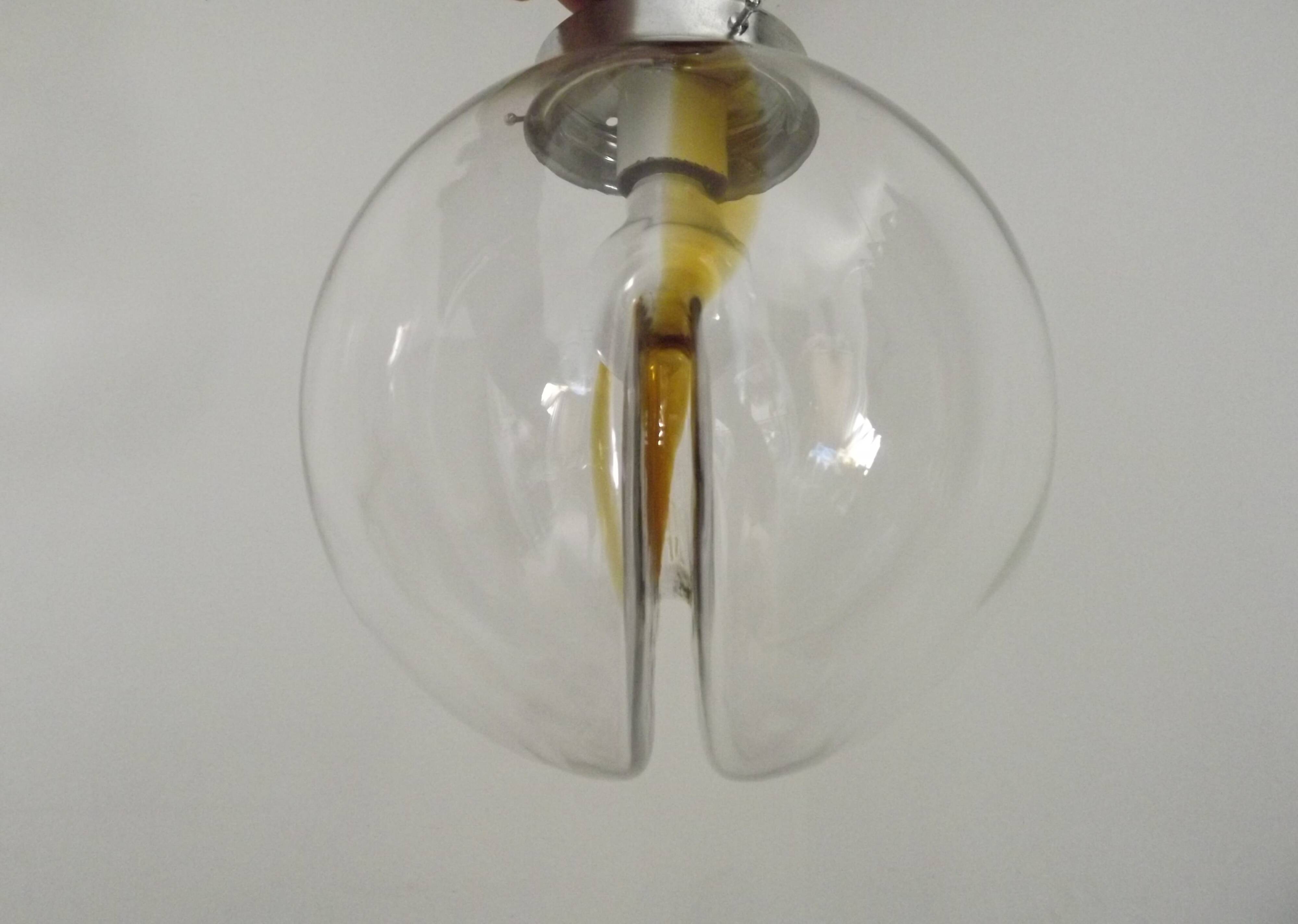 Vintage Murano Glass Globe Pendant Ceiling Light Amber Wave Mazzega Style
