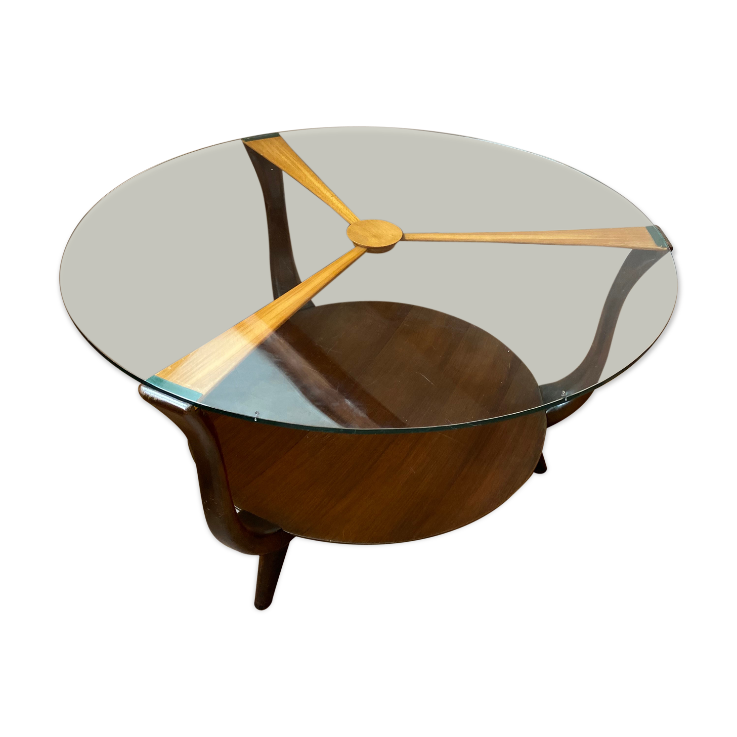 Table basse italienne en bois rond et verre, années 1950