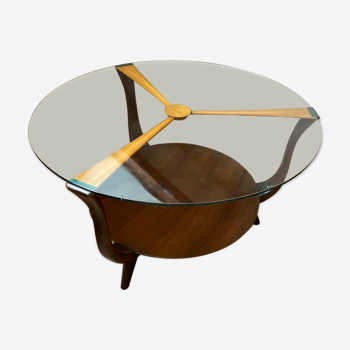 Mid-century italian round wood and glass coffee table, 1950s