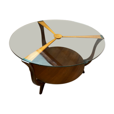 Table basse italienne en bois rond et verre, années 1950