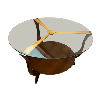 Mid-century italian round wood and glass coffee table, 1950s