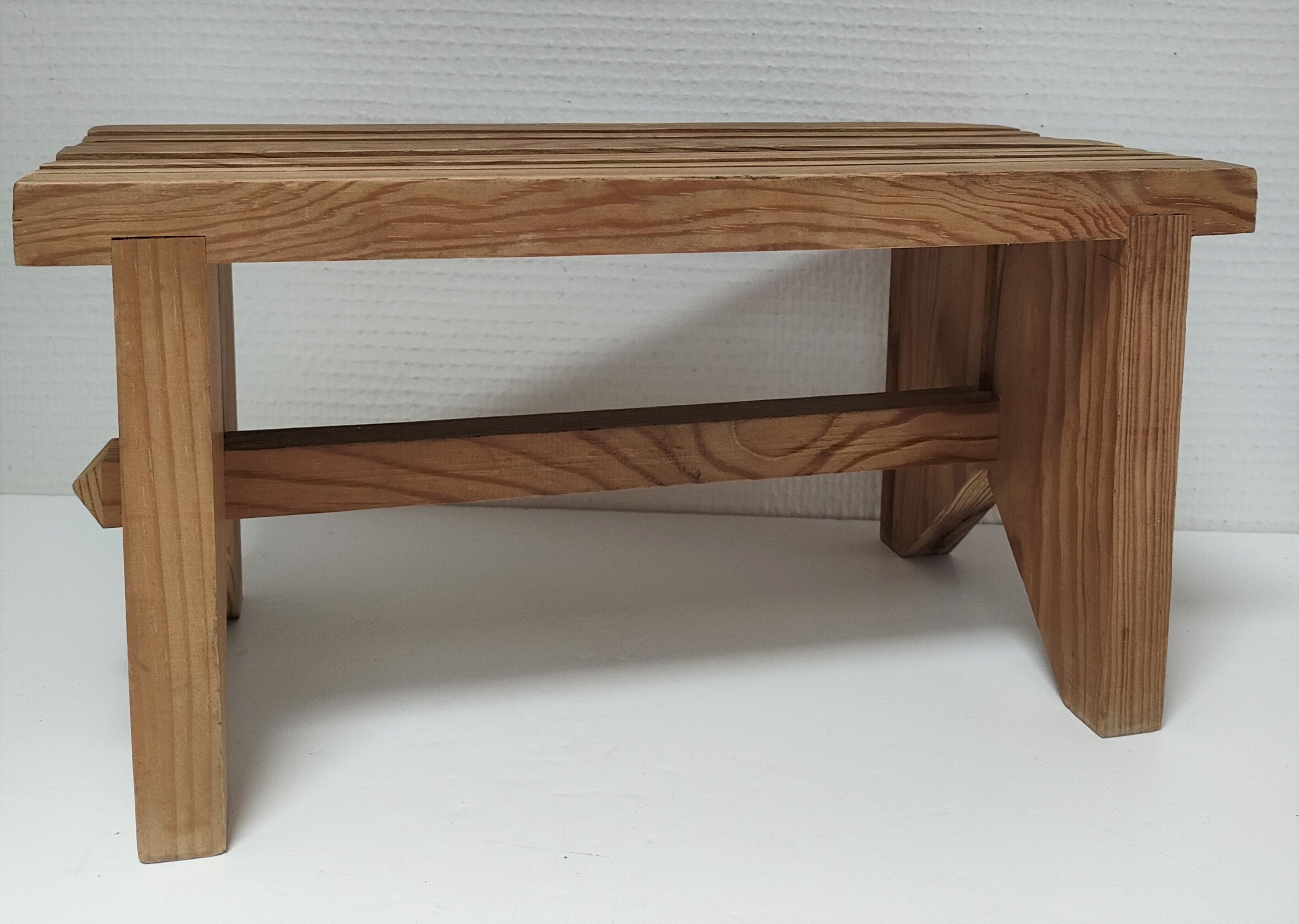 Vintage solid pine slatted low stool