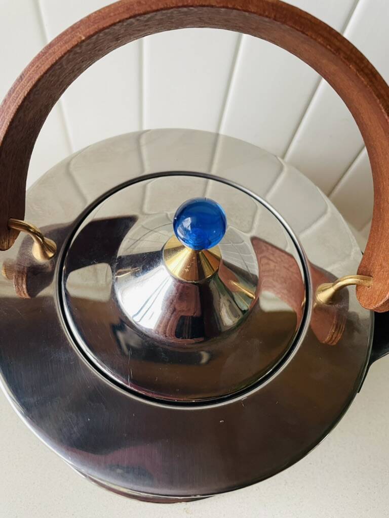 Vintage Bodum Ottoni stainless steel kettle designed by Carsten Jørgensen 1986, button.