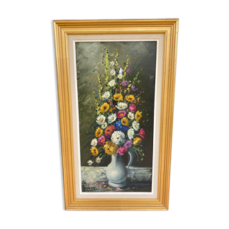 Huile sur toile par Miguel Bouquet de fleurs nature morte 1960