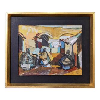 Mid-century modern "market square" swedish vintage figurative oil painting by brita hansson, framed