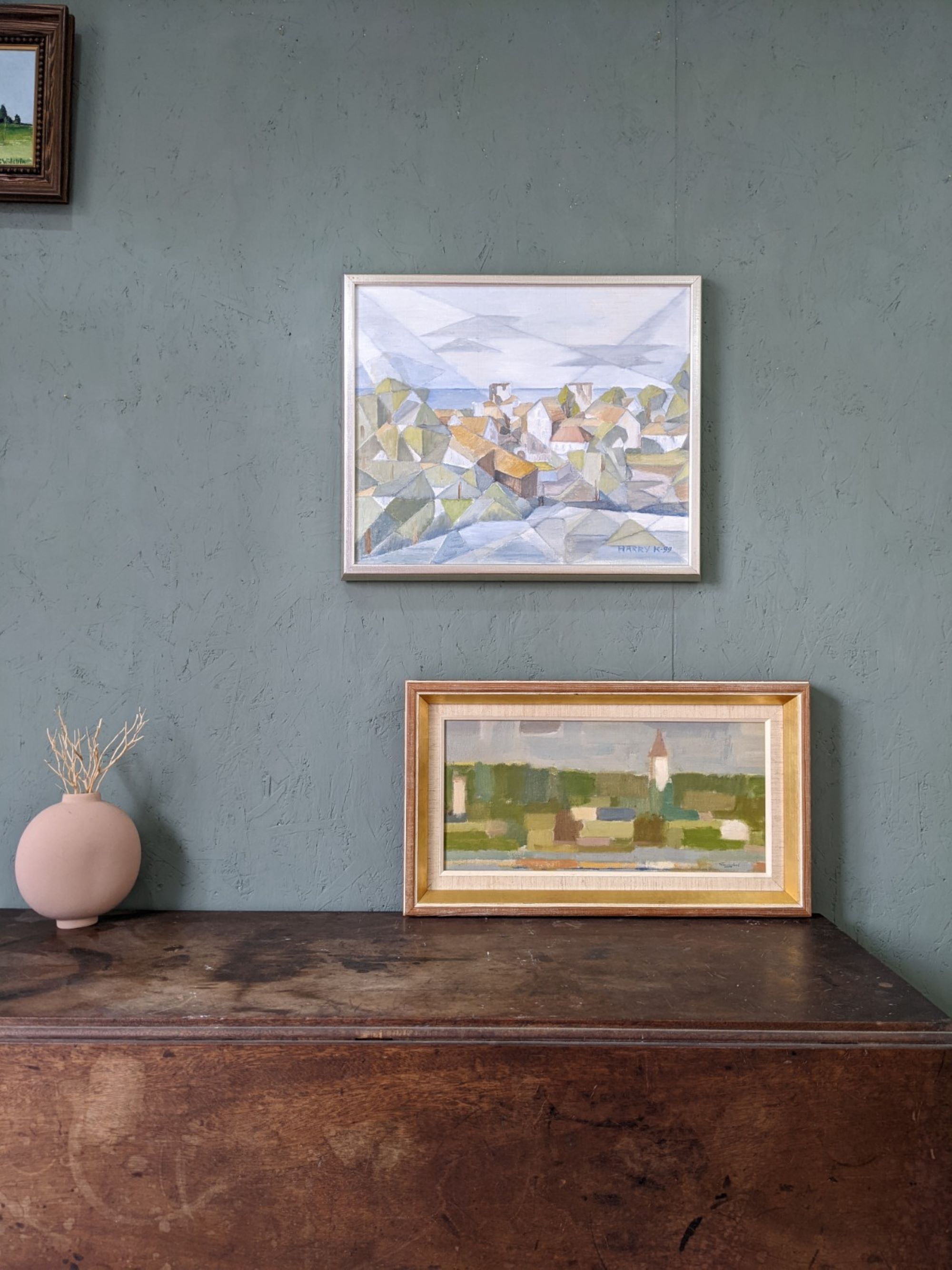 Mid-Century Modern Swedish "Houses by Nature" Vintage Landscape Oil Painting, Framed