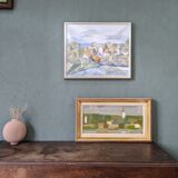 Mid-Century Modern Swedish "Houses by Nature" Vintage Landscape Oil Painting, Framed