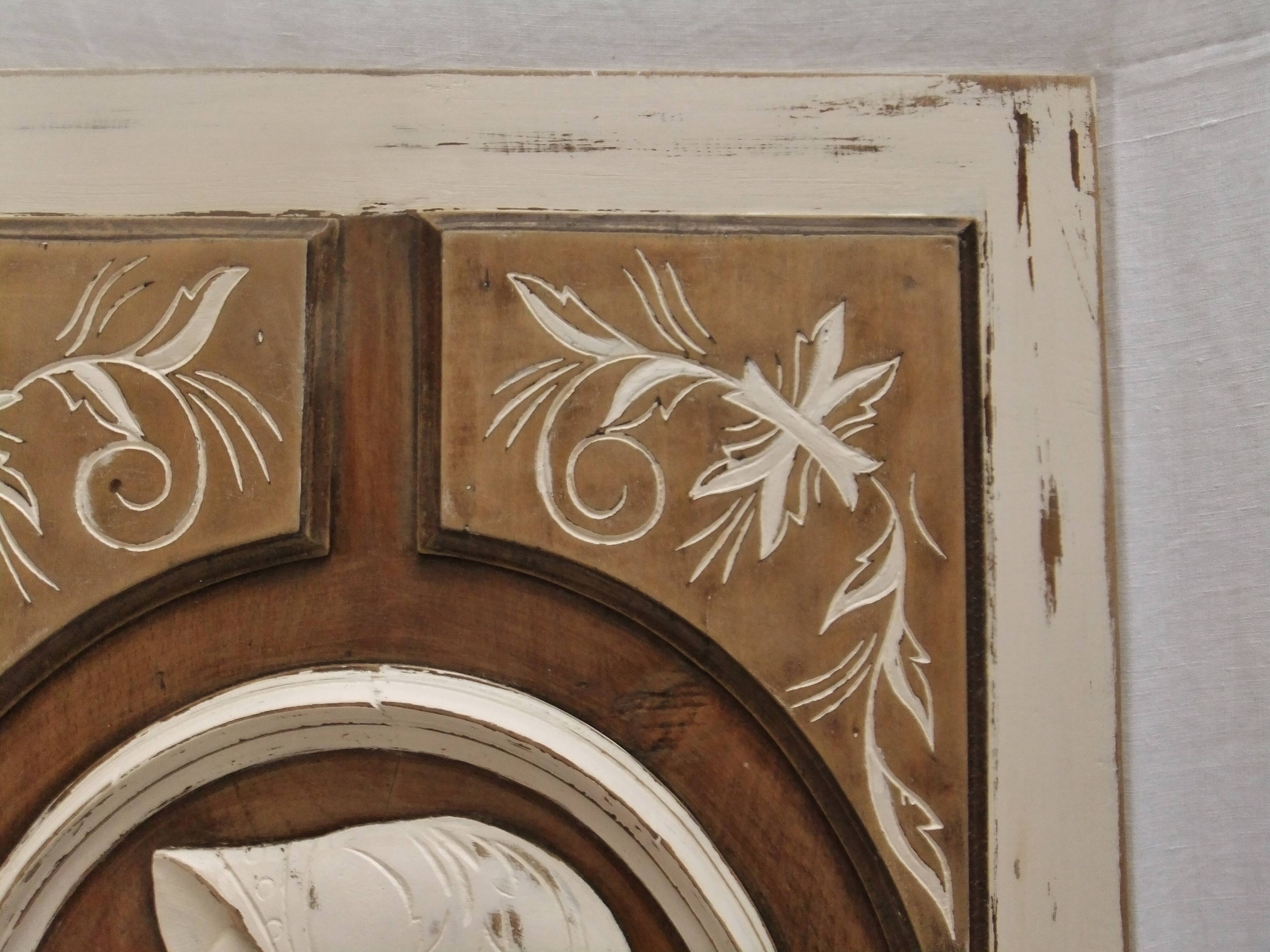 Large bas relief painting medallion woman patina wooden frame ornament